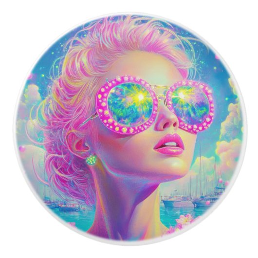 眼鏡をかけた華やかなネオンきらめく女性 セラミックノブ (正面)