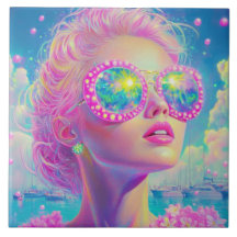 眼鏡をかけた華やかなネオンきらめく女性