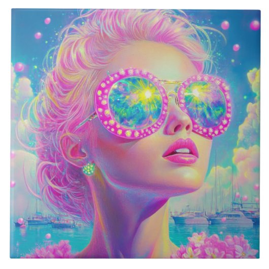 眼鏡をかけた華やかなネオンきらめく女性 タイル (正面)