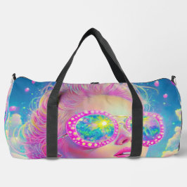 眼鏡をかけた華やかなネオンきらめく女性 ダッフルバッグ
