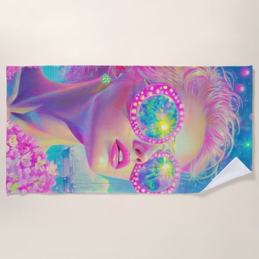 眼鏡をかけた華やかなネオンきらめく女性 ビーチタオル (正面)