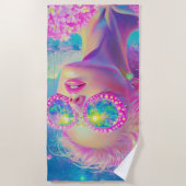 眼鏡をかけた華やかなネオンきらめく女性 ビーチタオル (正面)