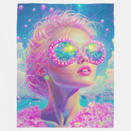 眼鏡をかけた華やかなネオンきらめく女性 フリースブランケット