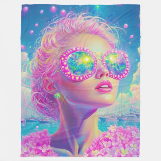 眼鏡をかけた華やかなネオンきらめく女性 フリースブランケット (正面)