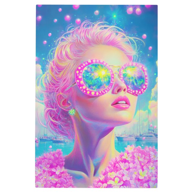 眼鏡をかけた華やかなネオンきらめく女性 メタルプリント (正面)