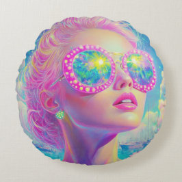 眼鏡をかけた華やかなネオンきらめく女性 ラウンドクッション