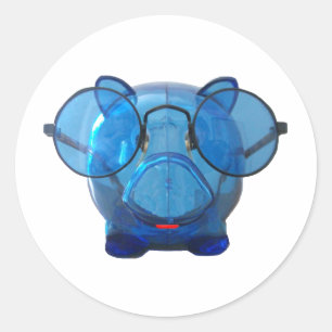 眼鏡をかけた青いピギーバンク ラウンドシール