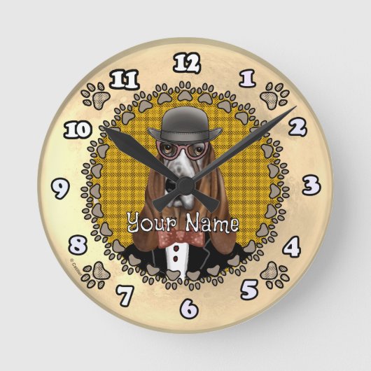 眼鏡をかけているバセットハウンド ラウンド壁時計 (正面)