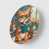 眼鏡をかけている愛読らしい猫の本 ラウンド壁時計 (傾斜)