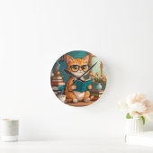 眼鏡をかけている愛読らしい猫の本 ラウンド壁時計 (ホーム)