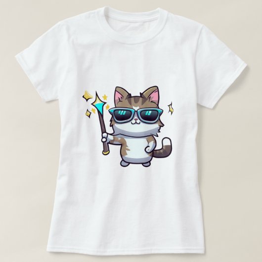 眼鏡を掛けた猫が魔法のワンスター Tシャツ (デザイン正面)