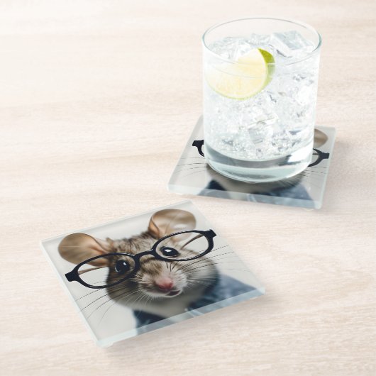 眼鏡を掛けた野ネズミ ガラスコースター (アングル)
