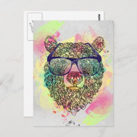 眼鏡カッコいい付き水色クマデザイン ポストカード (正面/裏面)