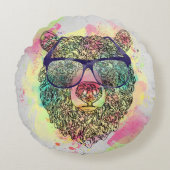 眼鏡カッコいい付き水色クマデザイン ラウンドクッション (正面)