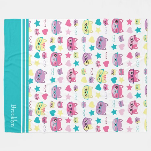 眼鏡カッコいい柄パステルキャッツティール(緑がかった色) フリースブランケット (正面(横))