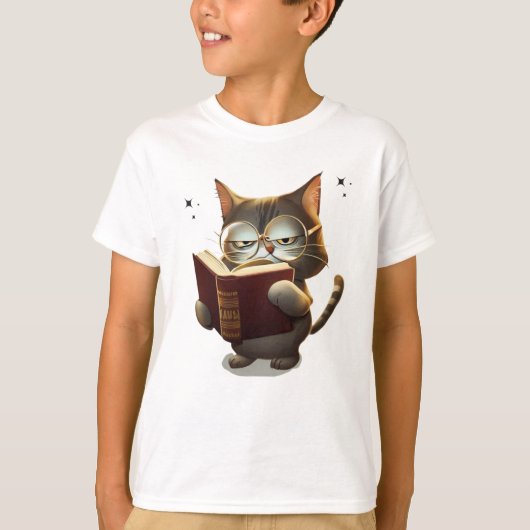 眼鏡クールの本を付け読た猫 Tシャツ (正面)