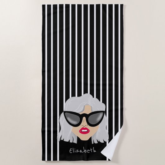 眼鏡クール付き祖母名前をカスタムする ビーチタオル (正面)