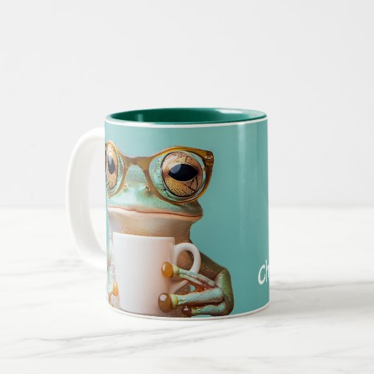 眼鏡パーソナライズされた付きカエル ツートーンマグカップ (正面左)