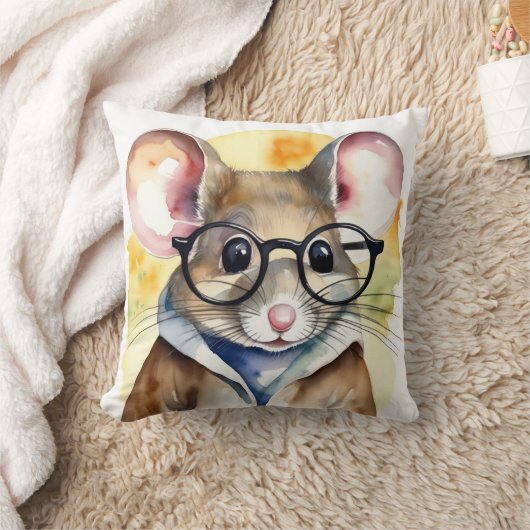 眼鏡付き水色マウス クッション (ブランケット)