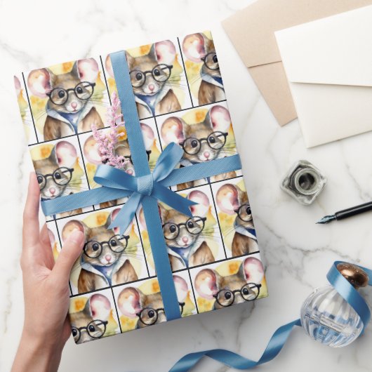 眼鏡付き水色マウス ラッピングペーパー (ギフト)