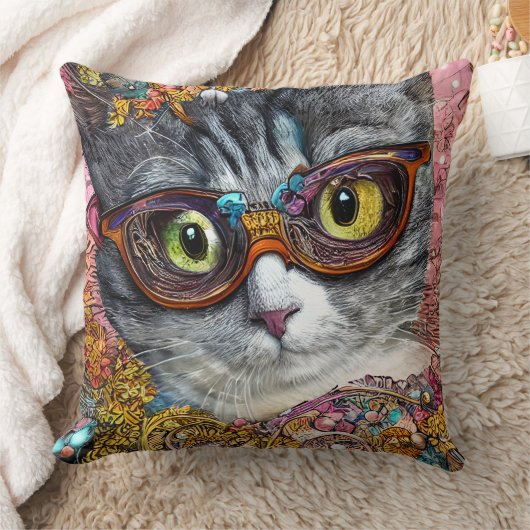 眼鏡付き猫 クッション (ブランケット)