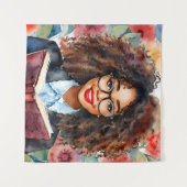 眼鏡入り黒人少女の手帳フローラアート タペストリー (正面(横))