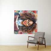 眼鏡入り黒人少女の手帳フローラアート タペストリー (インサイチュ(横))