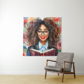 眼鏡入り黒人少女の手帳フローラアート タペストリー (インサイチュ)