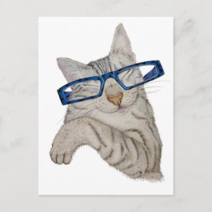 眼鏡手描きの可愛い猫 ポストカード