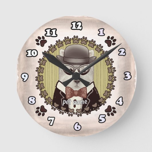 眼鏡時計を着たウェスト・ハイランド・テリア ラウンド壁時計 (正面)