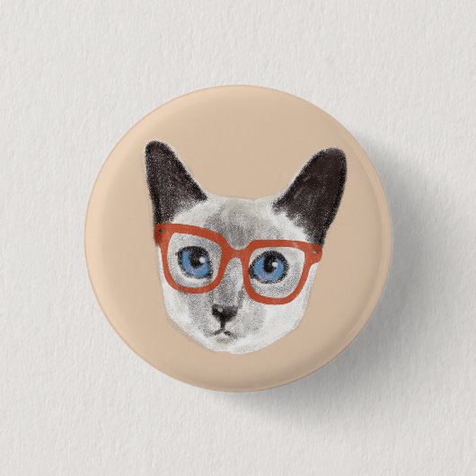 眼鏡絵を描を掛けた手のひばシャム猫 缶バッジ (正面)