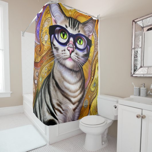 眼鏡頭が切れるをかけている可愛い猫 シャワーカーテン (インサイチュ)