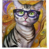 眼鏡頭が切れるをかけている可愛い猫 シャワーカーテン (正面)