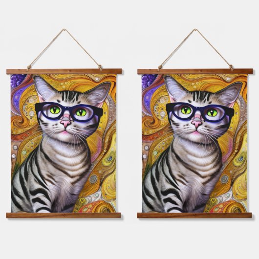 眼鏡頭が切れるをかけている可愛い猫 吊り下げ型タペストリー (ダブル)