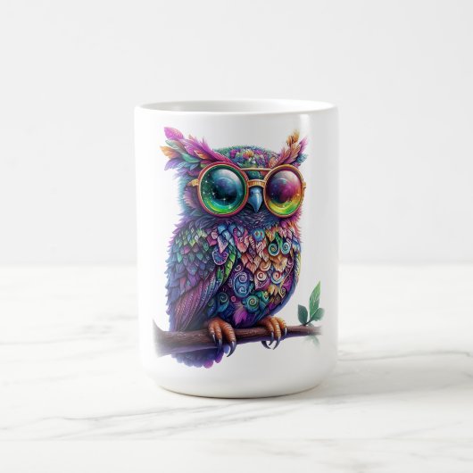 眼鏡鮮やかカラフル付き鮮やかフクロウデザイン コーヒーマグカップ (中央)