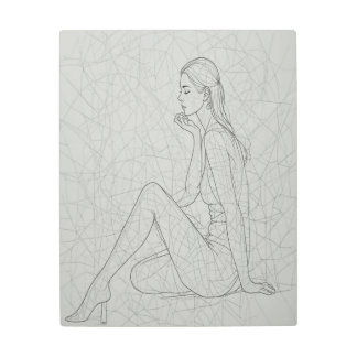 着席した女性のミニマルなラインアート メタルプリント