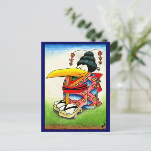 着物おもしろいはがきを着たカラス ポストカード (スタンド正面)