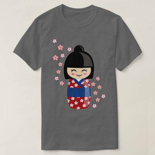 着物と桜の日本のこけし人形かわいい Tシャツ (デザイン正面)
