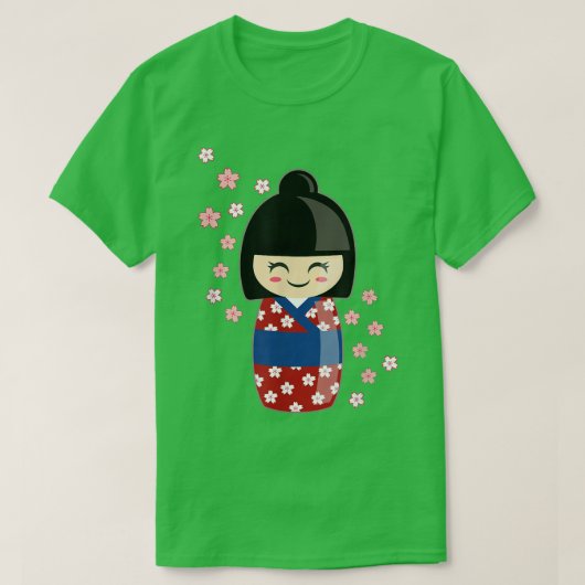 着物と桜の日本のこけし人形かわいい Tシャツ (デザイン正面)