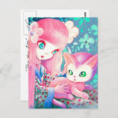 着物にピンクの毛を生やしたかわいい猫の少女 ポストカード (正面/裏面)