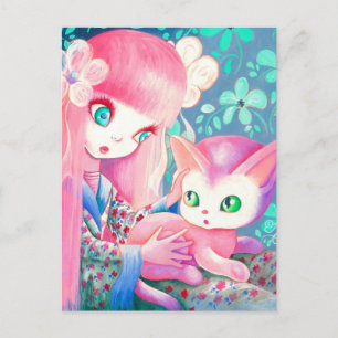 着物にピンクの毛を生やしたかわいい猫の少女 ポストカード