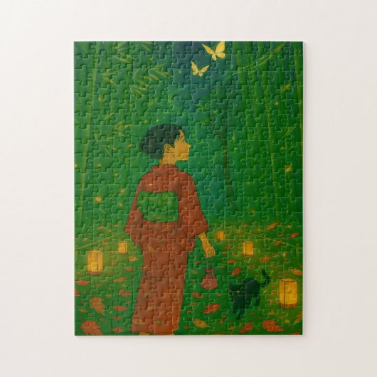 着物の女の子と猫が魅力の竹道 ジグソーパズル (縦)