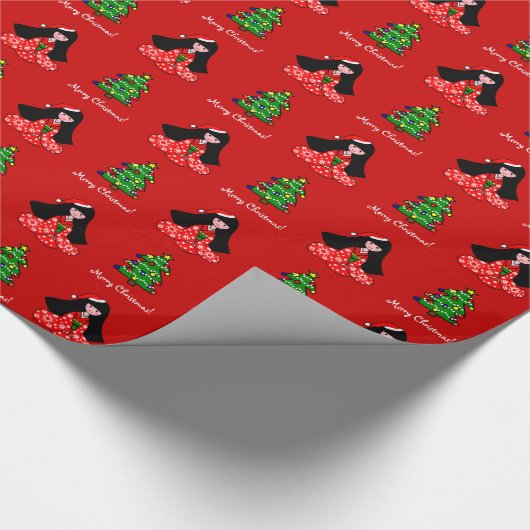 着物の女の子のクリスマスの漫画の雪片 ラッピングペーパー (角)