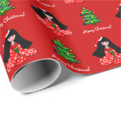 着物の女の子のクリスマスの漫画の雪片 ラッピングペーパー (ロールコーナー)