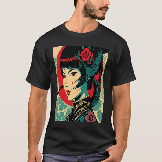 着物の女性レトロ日本のサムライ芸者ヴィンタグ Tシャツ (正面)
