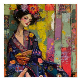 着物の幸せな女性 ポスター