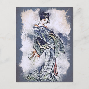着物の美しい芸者ヴィンテージ水彩画 シーズンポストカード