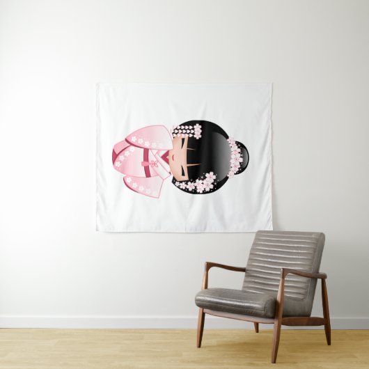 着物のKokeshiの白い人形-かわいい芸者女の子 タペストリー (インサイチュ(横))