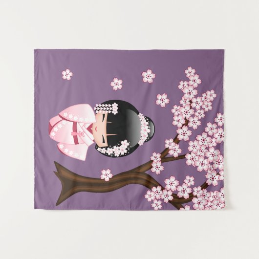 着物のKokeshiの白い人形-かわいい芸者女の子 タペストリー (正面(横))