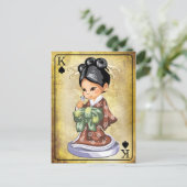 着物を着た日本人少女が花の香りを嗅ぐ ポストカード (スタンド正面)